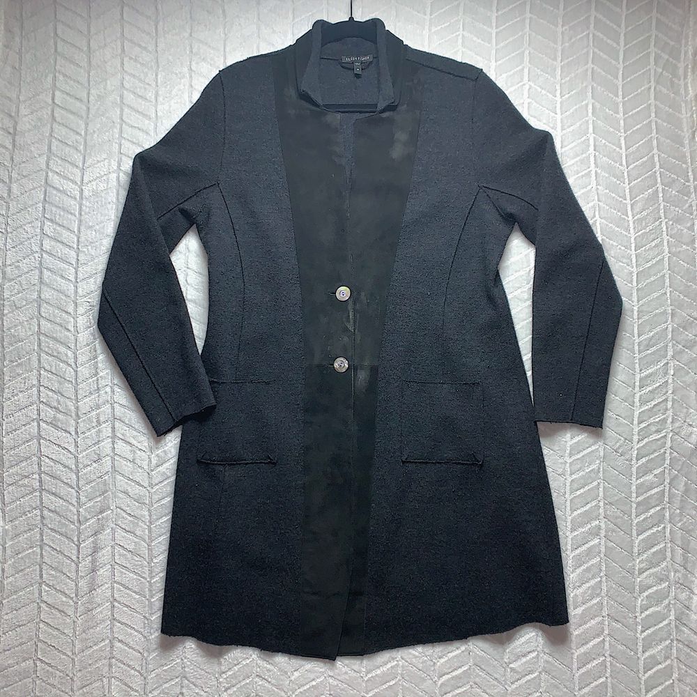 Eileen Fisher womens Wool trench coat long button up jacket M